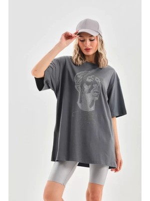 Pileli Store Unisex Taş Desenli Oversize T-Shirt - Füme