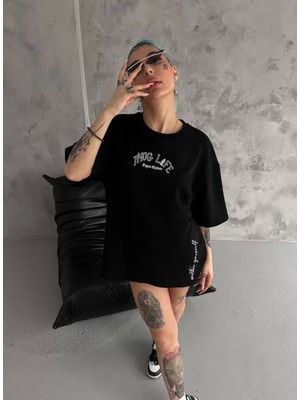 Pileli Store Pilelistore Unisex Baskılı Oversize T-Shirt - Siyah