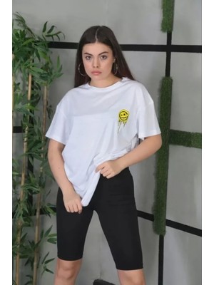 Pileli Store Unisex Bisiklet Yaka Baskılı Oversize T-Shirt - Beyaz