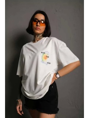 Pileli Store Unisex Bisiklet Yaka Baskılı Oversize T-Shirt - Beyaz