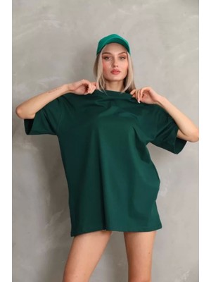 Pileli Store   Bisiklet Yaka 20/1 Düz Oversize T-Shirt - Yeşil