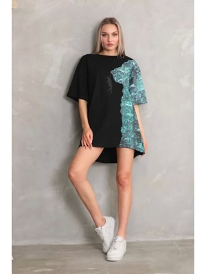 Pileli Store   Bisiklet Yaka Baskılı Oversize T-Shirt - Siyah