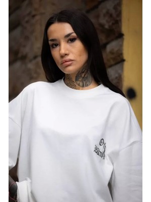 Pileli Store Unisex Bisiklet Yaka Baskılı Oversize T-Shirt - Beyaz