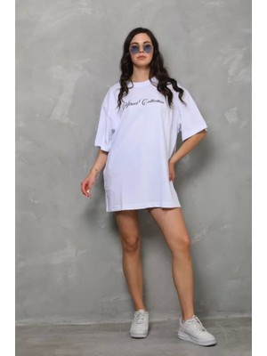 Pileli Store   Bisiklet Yaka Baskılı Oversize T-Shirt - Beyaz