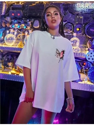 Pileli Store   Baskılı Oversize T-Shirt - Beyaz