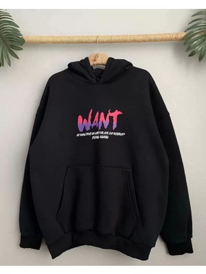 Pileli Store Baskılı Üç Iplik Kapüşonlu Oversize Sweatshirt - Siyah