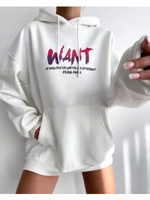 Pileli Store Baskılı Üç Iplik Kapüşonlu Oversize Sweatshirt - Beyaz