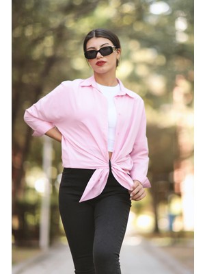 Toz Pembe Kadın Uzun Kollu Oversize Basic Gömlek %95 Pamuklu - 3900