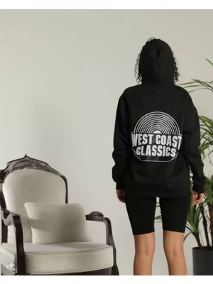 Pileli Store Unisex Sırt Baskılı Kapüşonlu Üç Iplik Oversize Sweatshirt - Siyah