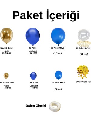 Balon Seti Krom Gold-Lacivert-Pastel Mavi-Şeffaf 100 Lü Balon Zinciri Seti + 10GrBalonPulu