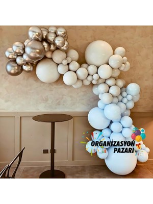 Balon Seti Krom Gümüş-Dumangri-Makaron Mavi 60 Lı Balon Zinciri Seti