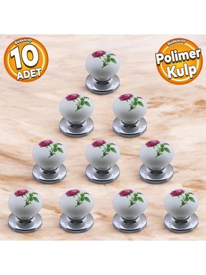 Badem10 Polimer Düğme Kulp Gül Desenli Krom Tabla Mobilya Mutfak Dolabı Çekmece Dolap Kulpu Kulbu 10 Adet