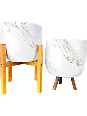Bitki Tasarımı Ev Dekorasyon Aksesuar Beyaz Üzeri Gold Mermer Efektli Toprak Saksı Saksılık Salon Çiçeklik İkili Set 3 Ayaklı- 4 Ayaklı- 19 CM