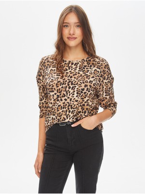 Leopar Desen Yuvarlak Yaka Uzun Kol T-Shirt 69534