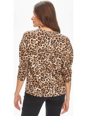 Leopar Desen Yuvarlak Yaka Uzun Kol T-Shirt 69534