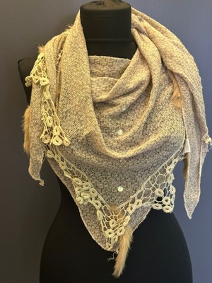 Gönülden Tasarım Kürk Tüğlü Taşlı Nakış Işleme Güpür Oyalı Kadın Bular Şal 170X55 cm