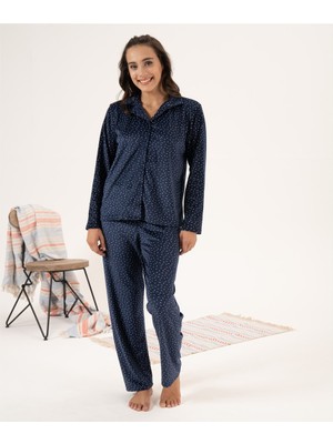 Estiva Puantiyeli Önden Düğmeli Kadife Bayan Pijama Takım