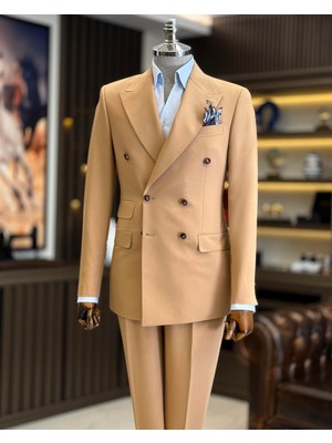 İtalyan Stil Slim Fit Kruvaze Ceket Pantolon Takım Elbise Camel T12603