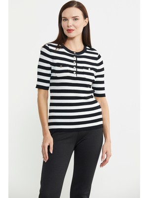 Düğme Detaylı Çizgili Triko Kazak - Siyah