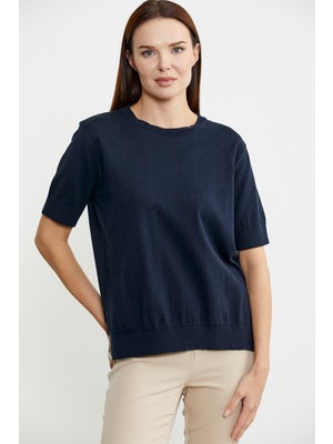 Sıfır Yaka Kısa Kol Triko Kazak - Lacivert