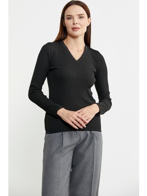 Fitilli V Yaka Basic Triko Kazak - Siyah