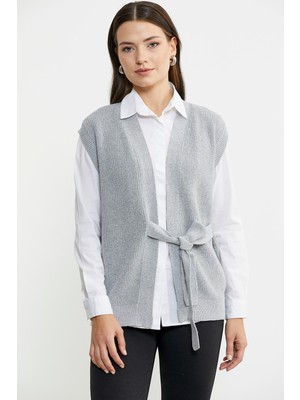 Sementa Kendinden Kemerli Yünlü Triko Yelek - Açık Gri