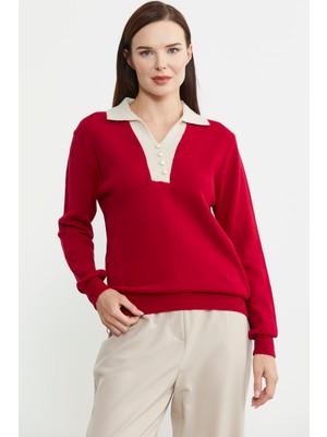 Polo Yaka Renk Kombinli Triko Kazak - Kırmızı