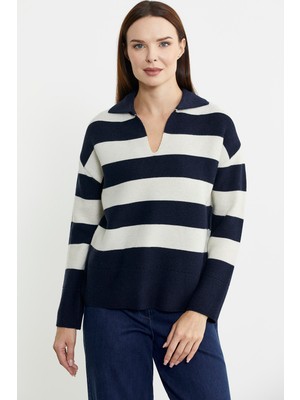 Açık Polo Yaka Çizgili Yünlü Triko Kazak - Lacivert