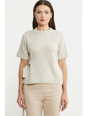 Kuşaklı Kısa Kol Yünlü Triko Kazak - Taş