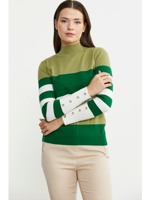 Blok Çizgili Yarım Balıkçı Triko Kazak - Yeşil