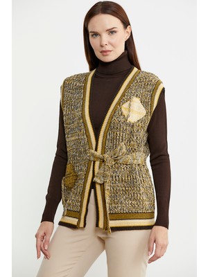 Renk Kombinli Kuşaklı Yünlü Triko Yelek - Kahve