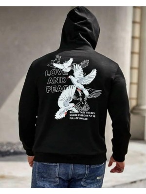 Belabre Oversize Erkek Bellive Baskılı Siyah Kapüşonlu Sweatshirt