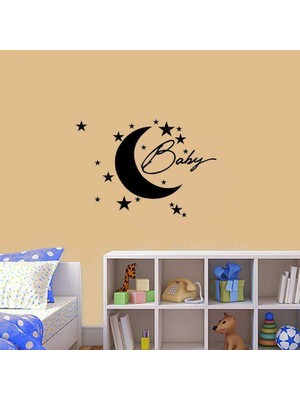Ay ve Yıldızlar Baby Yazılı Uyku Zamanı Temalı Silüet Dekoratif Çocuk Odası Duvar Sticker, Çıkartma