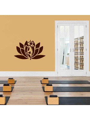 Lotus Çiçeği ve Yoga Yapan Insan Silüeti Dekoratif Duvar Sticker, Çıkartma, Etiket Kahverengi