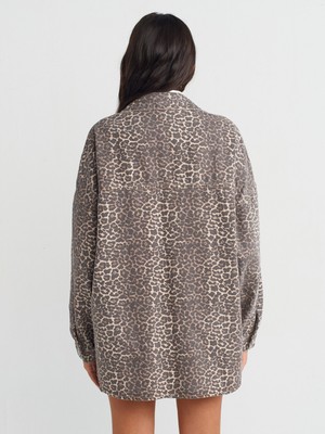 50737 Leopar Desen Oversize Denim Gömlek-Kahve