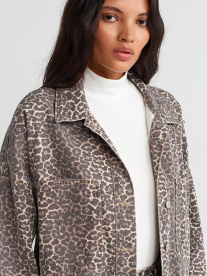 50737 Leopar Desen Oversize Denim Gömlek-Kahve