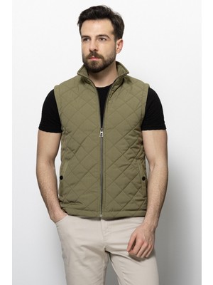 Kapitone Haki Rengi Slim Fit Hakim Yaka Spor Erkek Yelek