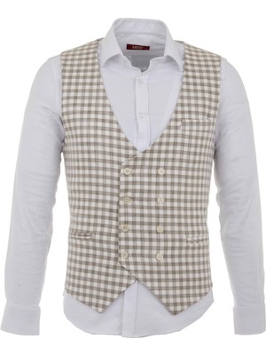 MCR Kareli Haki Rengi Slim Fit Kruvaze Erkek Yelek