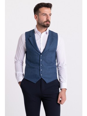 Arnürlü Indigo Rengi Slim Fit Erkek Klasik Yelek