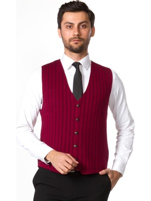 Çizgili Bordo Siyah Renk Slim Fit Triko Erkek Yelek