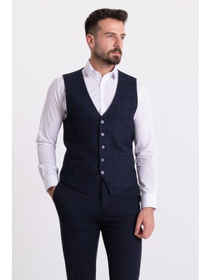 Ekoseli Desenli Lacivert Renk Slim Fit Erkek Klasik Yelek