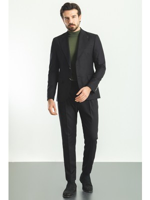 MCR Düz Siyah Renk Pileli Pantolon Slim Fit Erkek Takım Elbise