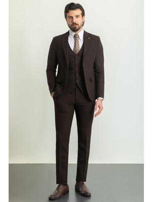 MCR Desenli Kahverengi Slim Fit Mono Yaka Yün Erkek Takım Elbise