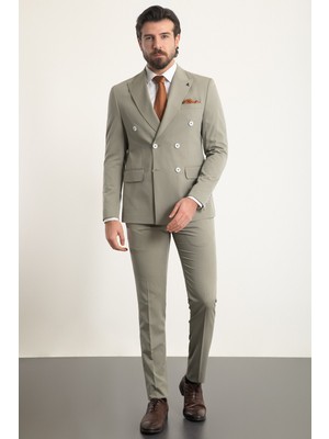 MCR Düz Slim Fit Geniş Yaka Kruvaze Erkek Takım Elbise