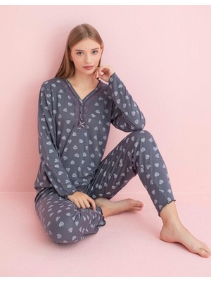 Pijamerry Kadın Dantel Yaka Bambu Uzun Kol Pijama Takımı 5204 - 1 Adet