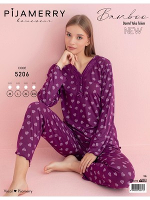 Pijamerry Kadın Dantel Yaka Bambu Uzun Kol Pijama Takımı 5206 - 1 Adet