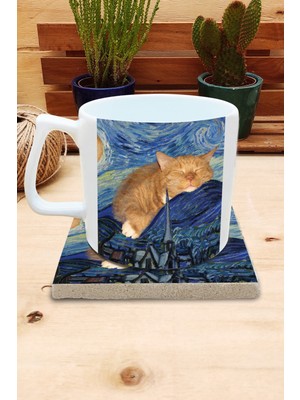 Harikapoli Kediler ve Sanat/van Gogh Set 10 - Yıldızlı Gece(Starry Night) Yelken Fincan Kupa-Taş Bardak Altlığı 9