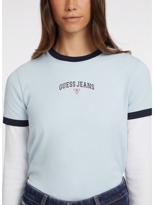 Guess Jeans Bisiklet Yaka Desenli Mavi Kadın T-Shirt Gj Ss Cn Reg Guess J - Mıd Organıc