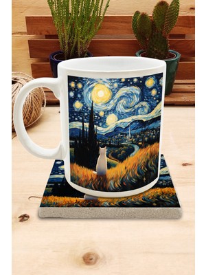 Harikapoli Kediler ve Sanat/van Gogh Yıldızlı Gece The Starry Night Set 8 - Standart Kupa-Taş Bardak Altlığı 2