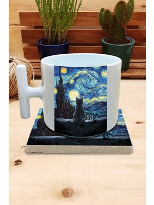 Harikapoli Kediler ve Sanat/van Gogh Yıldızlı Gece The Starry Night Set 9 - T Kulplu Fincan Kupa-Taş Bardak Altlığı 1